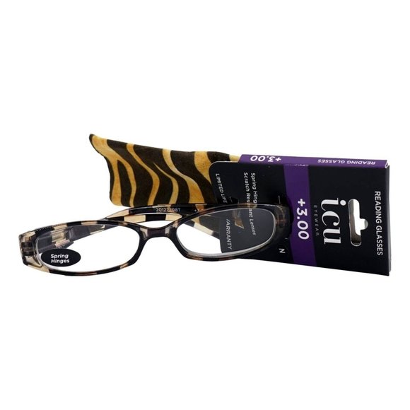 ICU Eyewear Petaluma +3.00 Reading Glasses Black Yellow Tiger Pattern Sleeve New - Picture 1 of 4